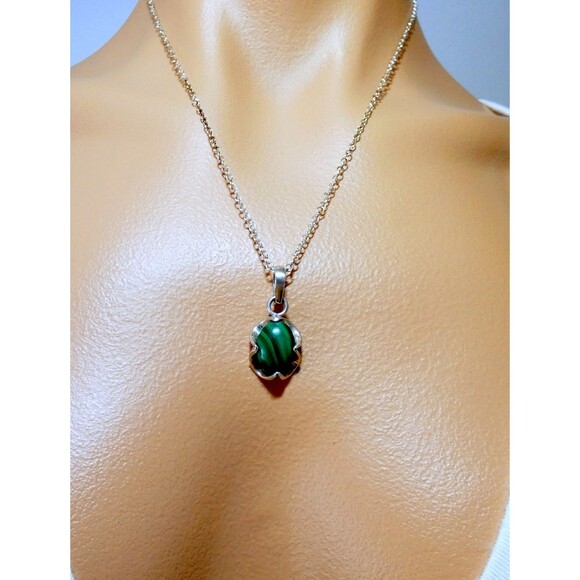 Vintage Genuine Malachite Sterling Silver Pendant  Handmade OOAK Modernist - Picture 3 of 4